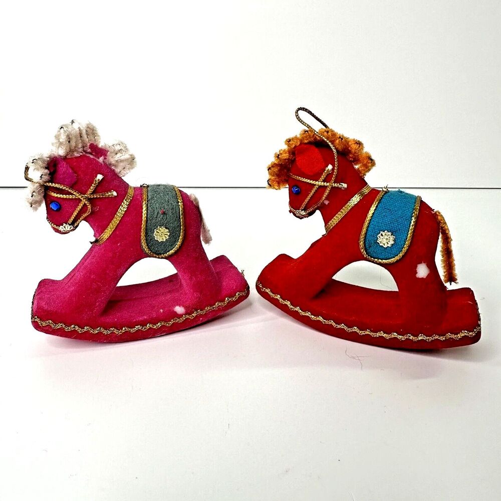 2 Vtg Rocking Horse Flocked Christmas Ornaments Kitschy Red Pink Pipe Cleaner 4"